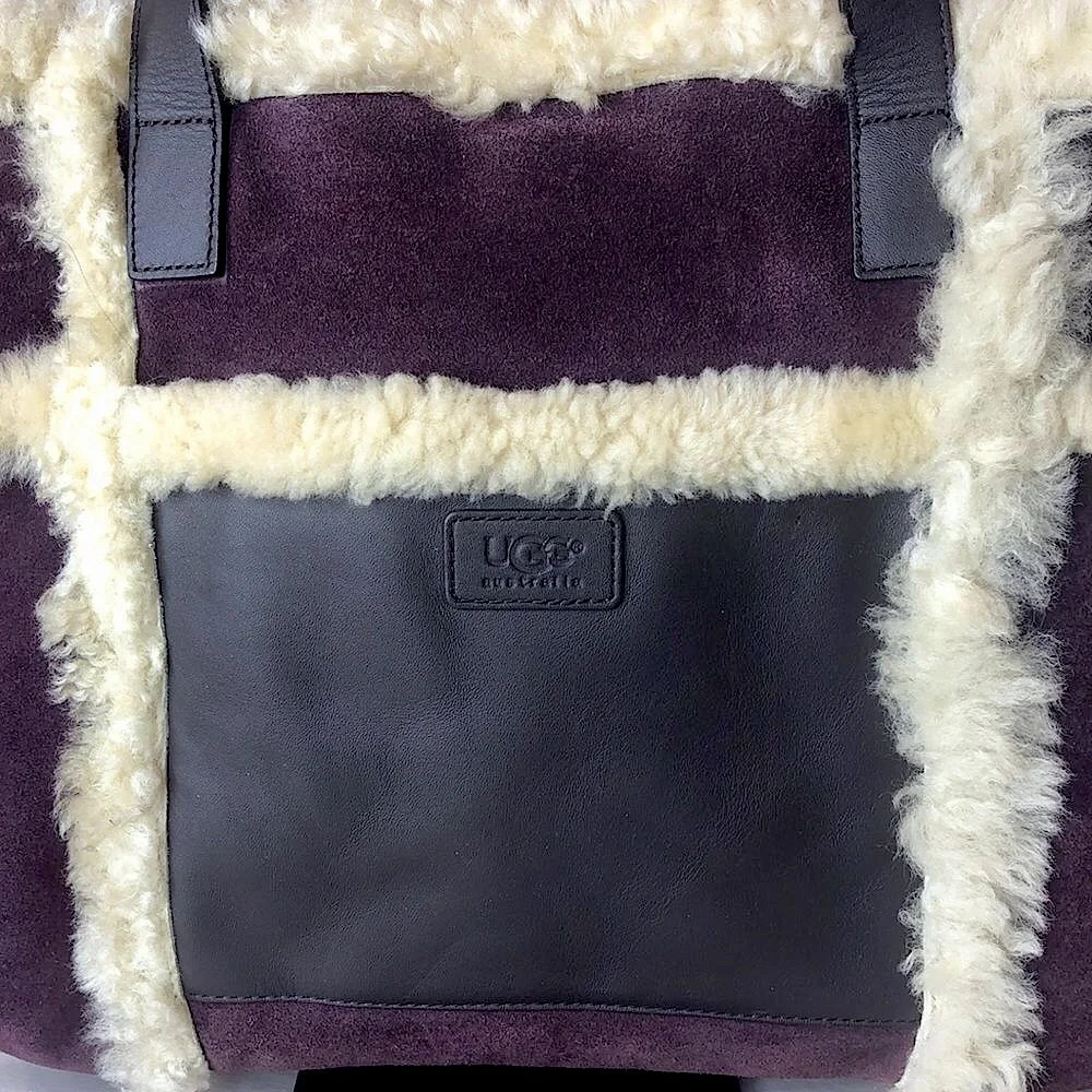 UGG Large Plum & Ivory Leather Shearling Sheepskin Tote Bag MINT CONDITION
